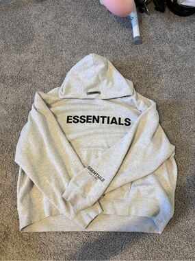 Essentials Light Gray Crewneck Hoodie with Black Logo